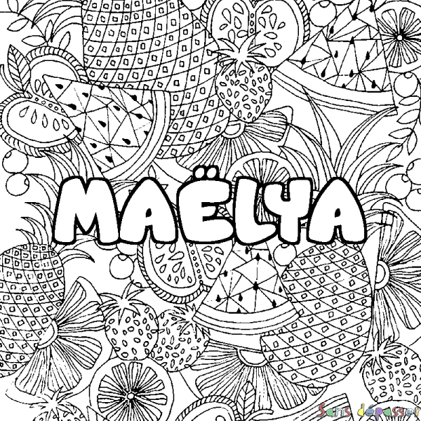 Coloriage pr&eacute;nom MA&Euml;LYA - d&eacute;cor Mandala fruits