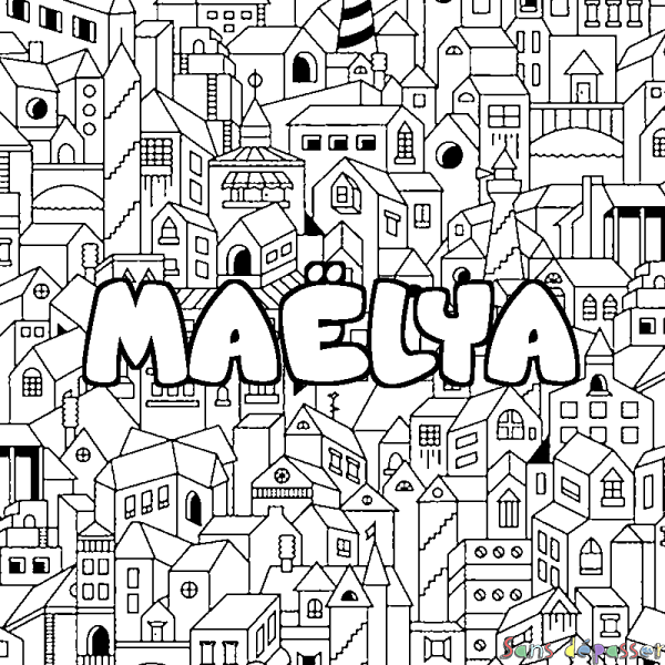 Coloriage pr&eacute;nom MA&Euml;LYA - d&eacute;cor Ville