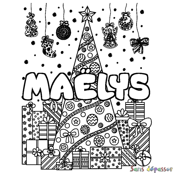 Coloriage pr&eacute;nom MA&Euml;LYS - d&eacute;cor Sapin et Cadeaux