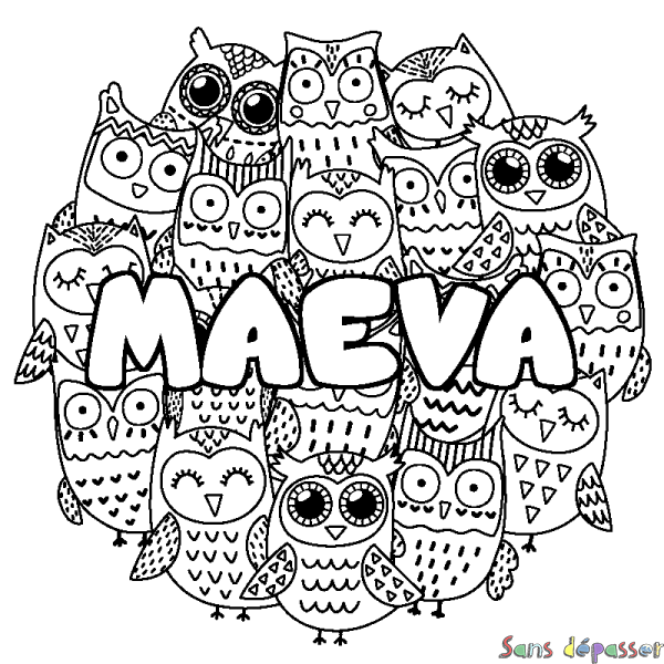 Coloriage pr&eacute;nom MAEVA - d&eacute;cor Chouettes