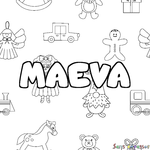 Coloriage pr&eacute;nom MAEVA - d&eacute;cor Jouets