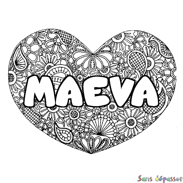 Coloriage pr&eacute;nom MAEVA - d&eacute;cor Mandala coeur