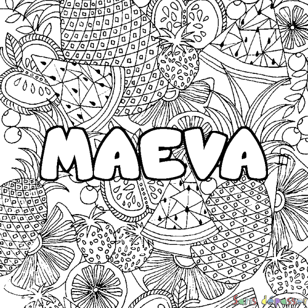 Coloriage pr&eacute;nom MAEVA - d&eacute;cor Mandala fruits