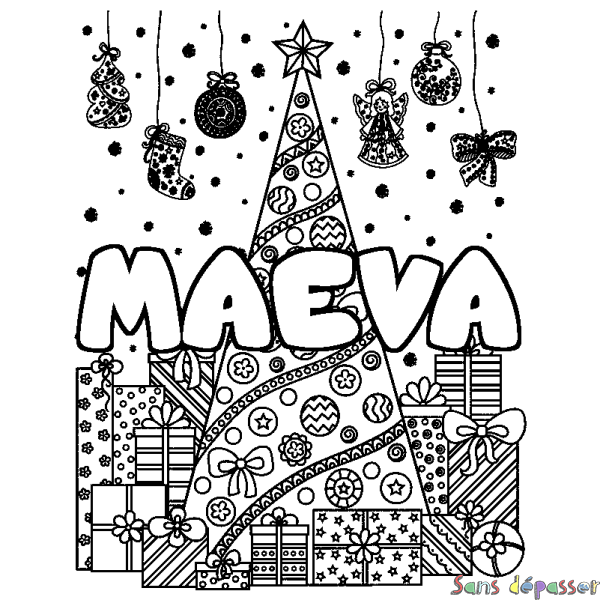 Coloriage pr&eacute;nom MAEVA - d&eacute;cor Sapin et Cadeaux