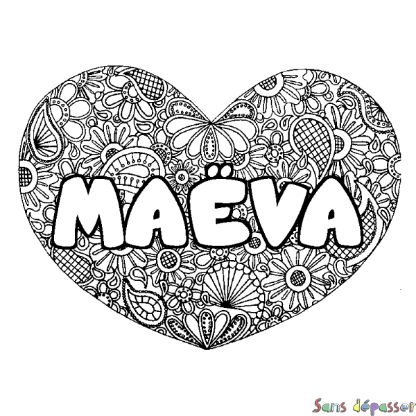 Coloriage pr&eacute;nom MA&Euml;VA - d&eacute;cor Mandala coeur