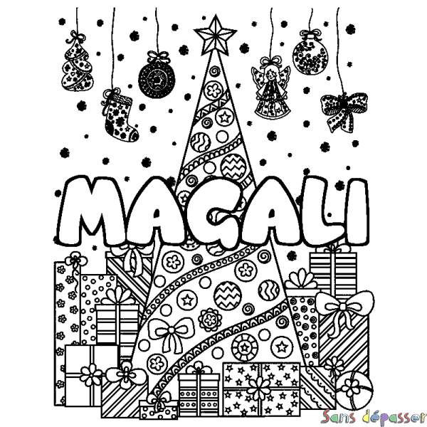 Coloriage pr&eacute;nom MAGALI - d&eacute;cor Sapin et Cadeaux