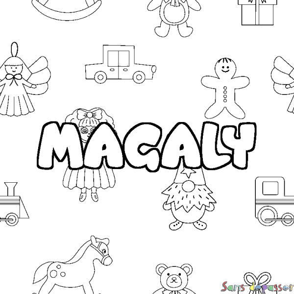 Coloriage pr&eacute;nom MAGALY - d&eacute;cor Jouets