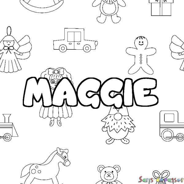 Coloriage pr&eacute;nom MAGGIE - d&eacute;cor Jouets