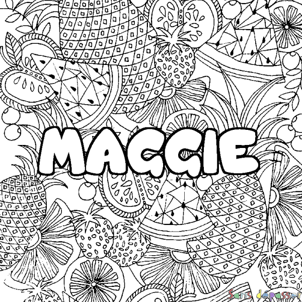 Coloriage prénom MAGGIE - d&eacute;cor Mandala fruits