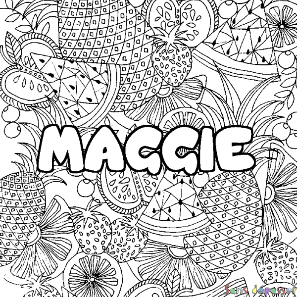Coloriage pr&eacute;nom MAGGIE - d&eacute;cor Mandala fruits
