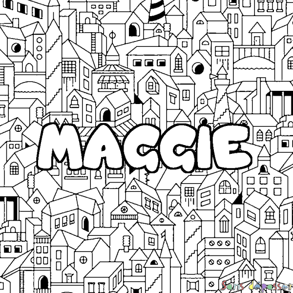 Coloriage pr&eacute;nom MAGGIE - d&eacute;cor Ville