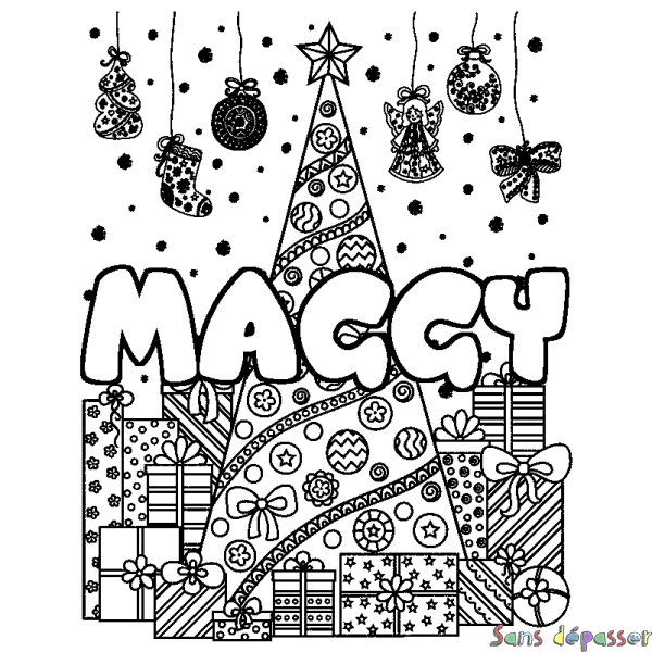 Coloriage prénom MAGGY - d&eacute;cor Sapin et Cadeaux