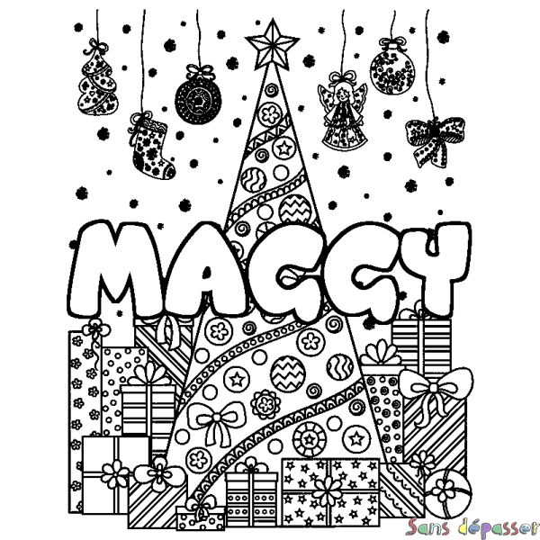 Coloriage pr&eacute;nom MAGGY - d&eacute;cor Sapin et Cadeaux