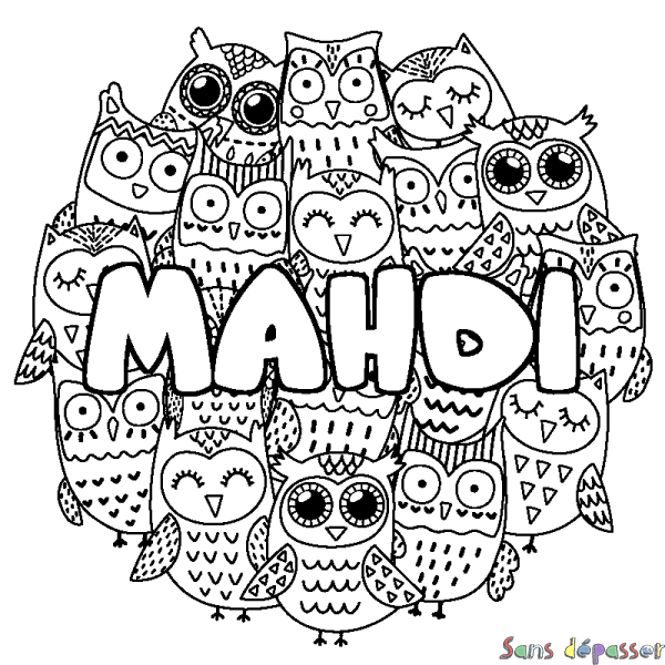 Coloriage pr&eacute;nom MAHDI - d&eacute;cor Chouettes