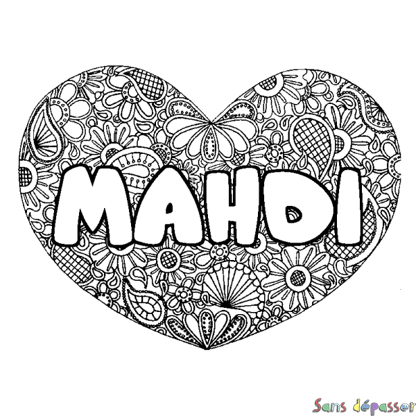 Coloriage prénom MAHDI - d&eacute;cor Mandala coeur