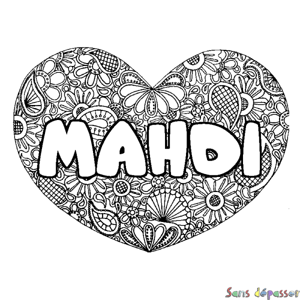 Coloriage pr&eacute;nom MAHDI - d&eacute;cor Mandala coeur