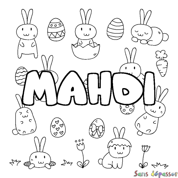 Coloriage pr&eacute;nom MAHDI - d&eacute;cor Paques