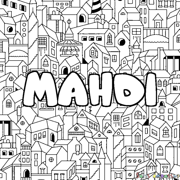 Coloriage pr&eacute;nom MAHDI - d&eacute;cor Ville