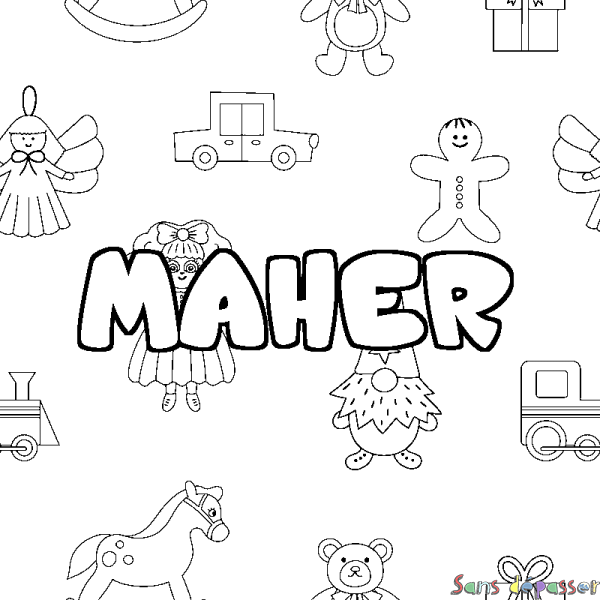 Coloriage pr&eacute;nom MAHER - d&eacute;cor Jouets