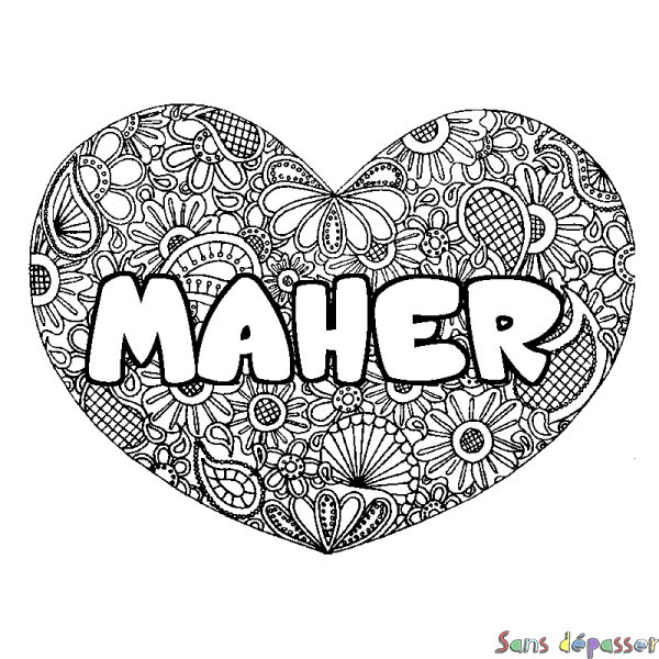 Coloriage pr&eacute;nom MAHER - d&eacute;cor Mandala coeur