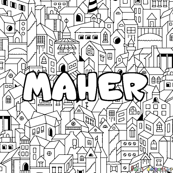 Coloriage pr&eacute;nom MAHER - d&eacute;cor Ville
