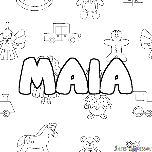 Coloriage pr&eacute;nom MAIA - d&eacute;cor Jouets