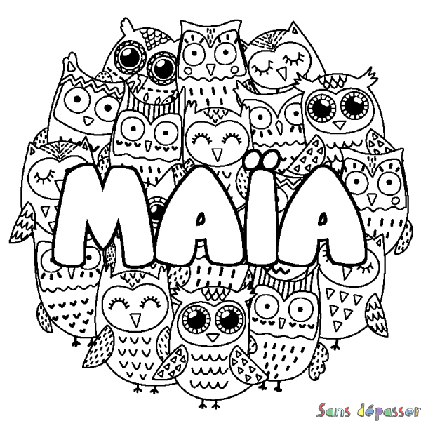 Coloriage pr&eacute;nom MA&Iuml;A - d&eacute;cor Chouettes