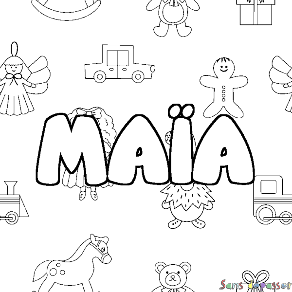 Coloriage pr&eacute;nom MA&Iuml;A - d&eacute;cor Jouets