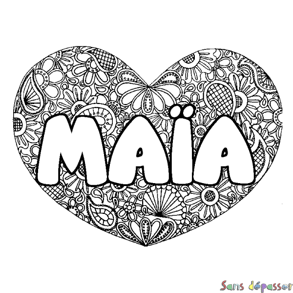 Coloriage pr&eacute;nom MA&Iuml;A - d&eacute;cor Mandala coeur