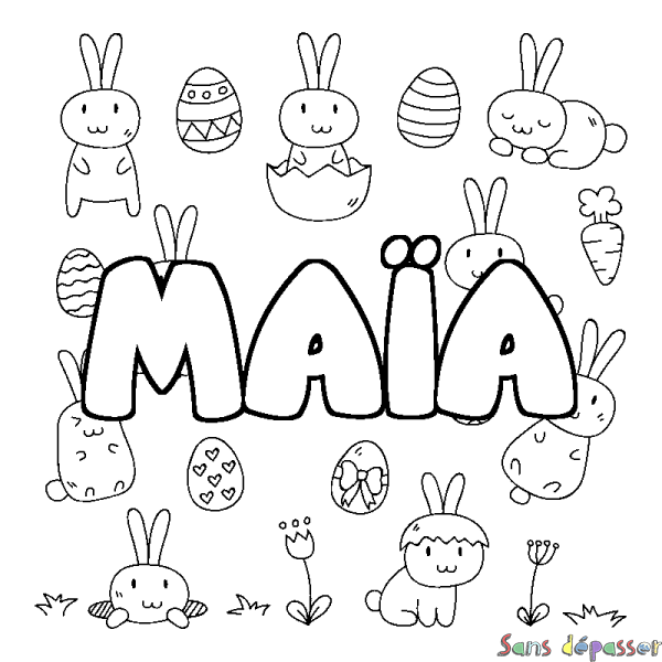 Coloriage pr&eacute;nom MA&Iuml;A - d&eacute;cor Paques