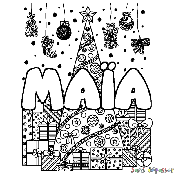 Coloriage pr&eacute;nom MA&Iuml;A - d&eacute;cor Sapin et Cadeaux