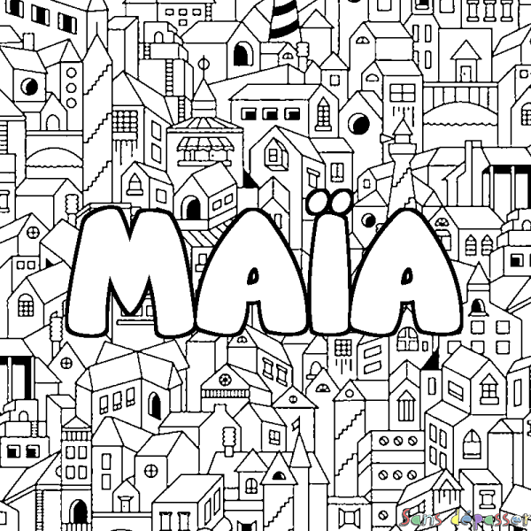 Coloriage pr&eacute;nom MA&Iuml;A - d&eacute;cor Ville