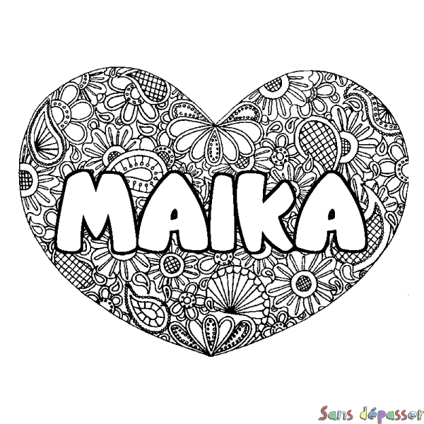 Coloriage pr&eacute;nom MAIKA - d&eacute;cor Mandala coeur