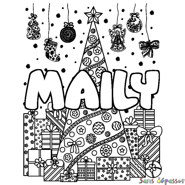 Coloriage prénom MAILY - d&eacute;cor Sapin et Cadeaux