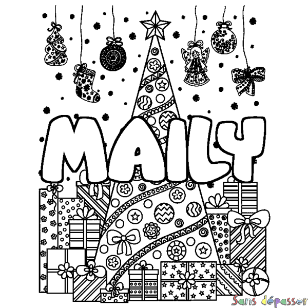 Coloriage pr&eacute;nom MAILY - d&eacute;cor Sapin et Cadeaux