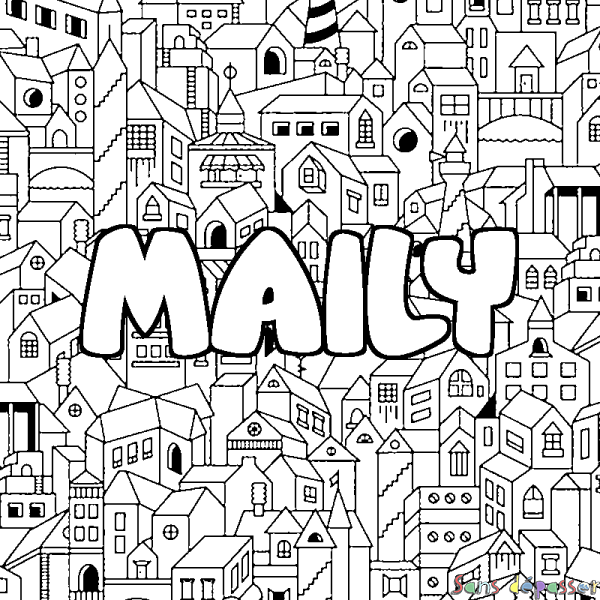 Coloriage pr&eacute;nom MAILY - d&eacute;cor Ville