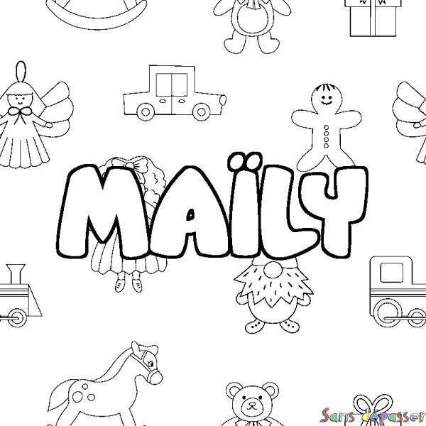 Coloriage pr&eacute;nom MA&Iuml;LY - d&eacute;cor Jouets