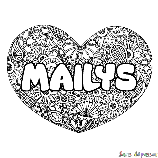 Coloriage pr&eacute;nom MAILYS - d&eacute;cor Mandala coeur