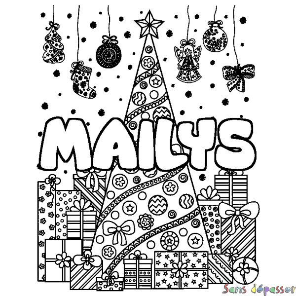 Coloriage prénom MAILYS - d&eacute;cor Sapin et Cadeaux