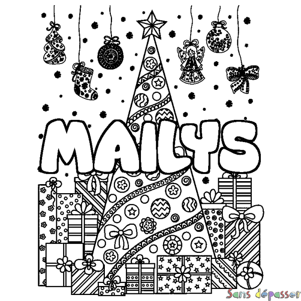 Coloriage pr&eacute;nom MAILYS - d&eacute;cor Sapin et Cadeaux