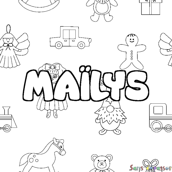 Coloriage pr&eacute;nom MA&Iuml;LYS - d&eacute;cor Jouets