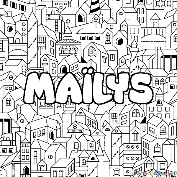 Coloriage pr&eacute;nom MA&Iuml;LYS - d&eacute;cor Ville