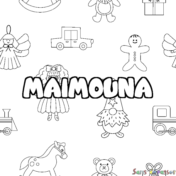 Coloriage pr&eacute;nom MAIMOUNA - d&eacute;cor Jouets