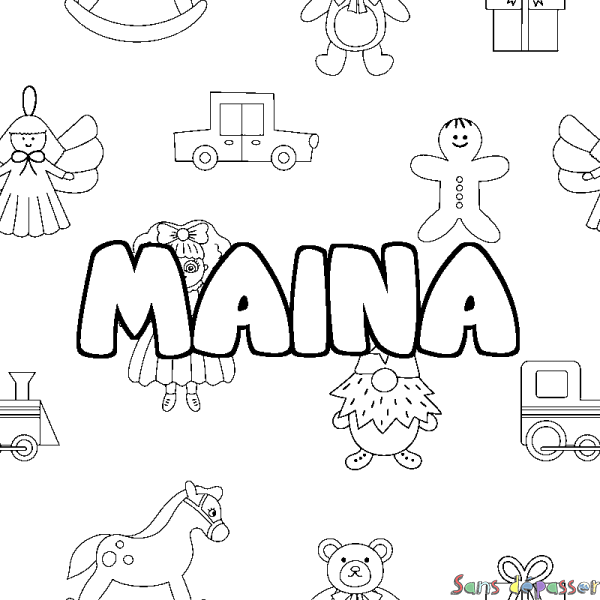 Coloriage pr&eacute;nom MAINA - d&eacute;cor Jouets