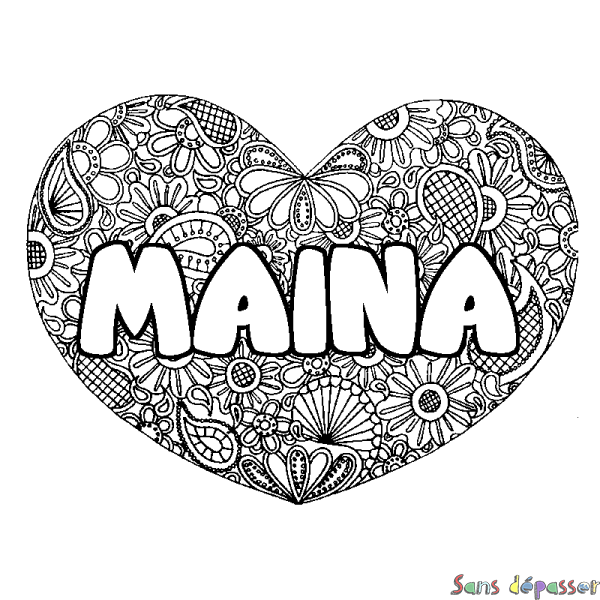 Coloriage pr&eacute;nom MAINA - d&eacute;cor Mandala coeur