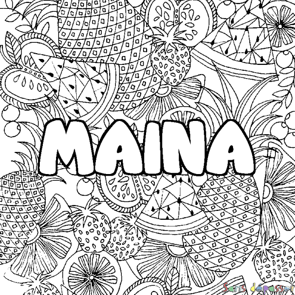 Coloriage pr&eacute;nom MAINA - d&eacute;cor Mandala fruits