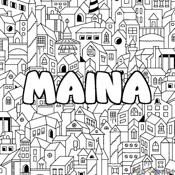 Coloriage pr&eacute;nom MAINA - d&eacute;cor Ville
