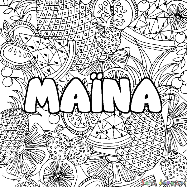 Coloriage pr&eacute;nom MA&Iuml;NA - d&eacute;cor Mandala fruits
