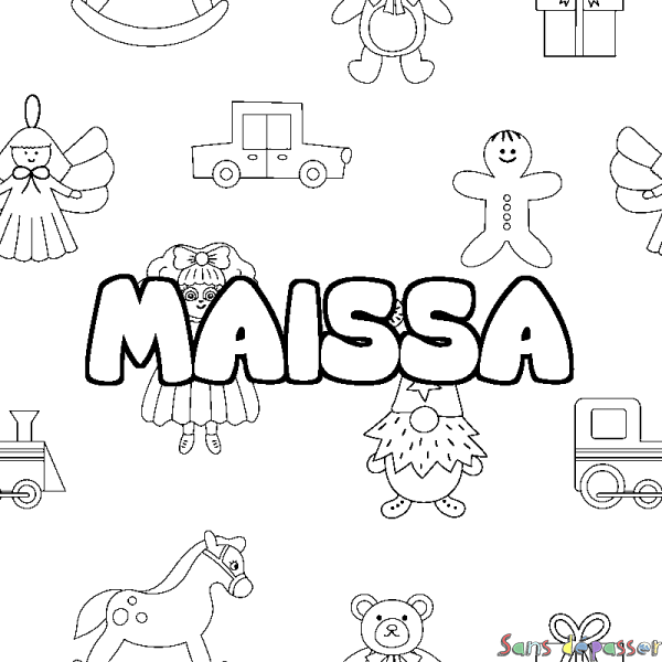 Coloriage pr&eacute;nom MAISSA - d&eacute;cor Jouets