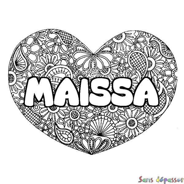 Coloriage pr&eacute;nom MAISSA - d&eacute;cor Mandala coeur